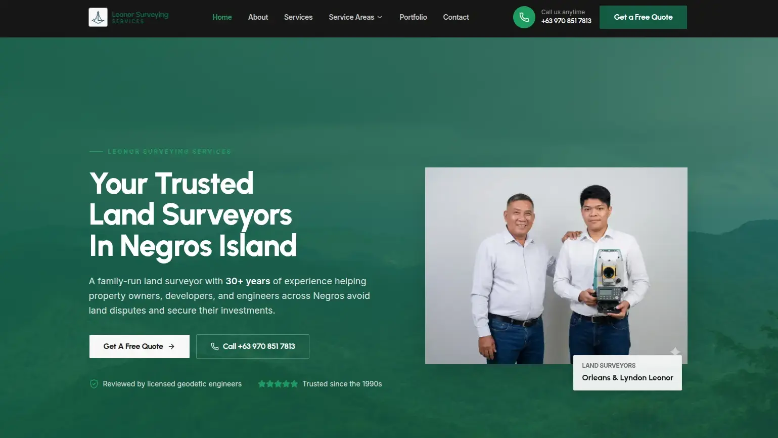 Leonor Surveying Services website hero section