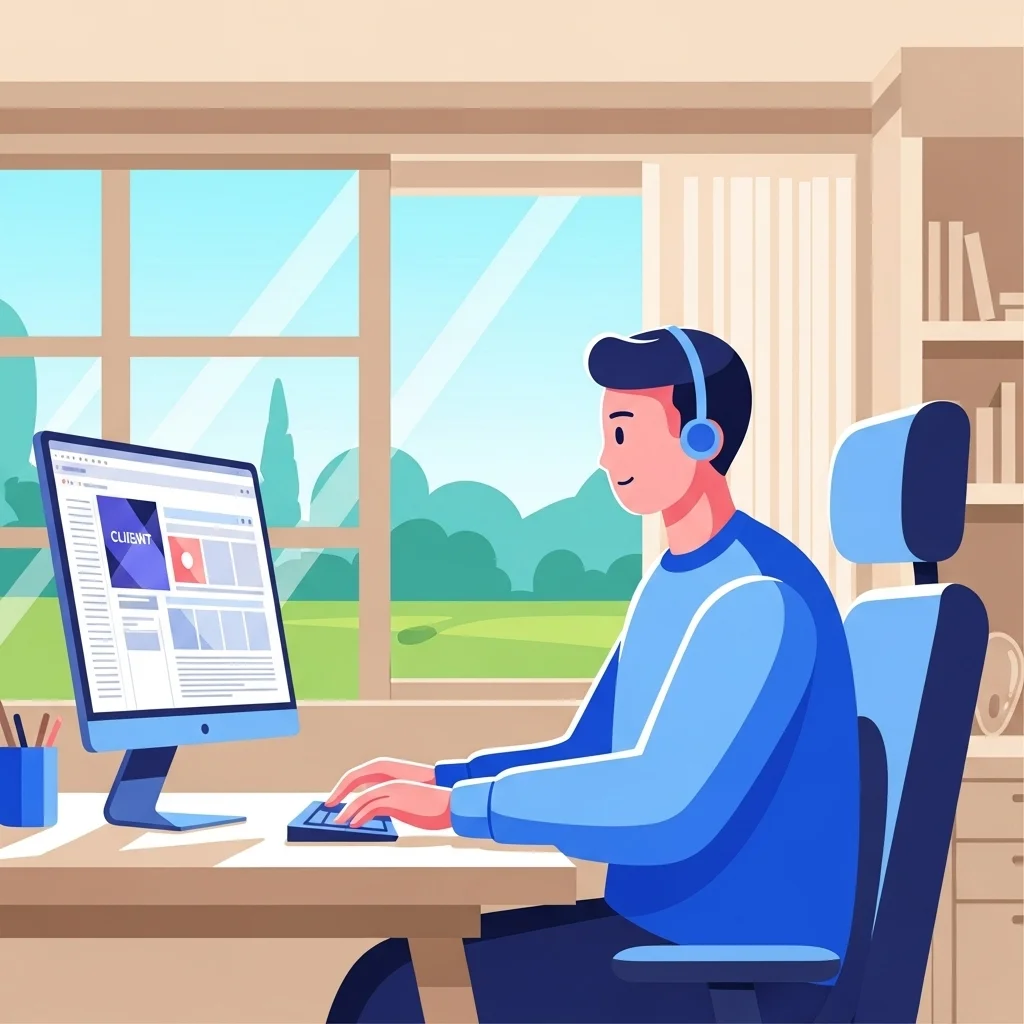 A 2D illustration of a Filipino SEO specialist working on a desktop computer while sitting at a table in his home office, representing John Berlin Leonor of RuralNative.