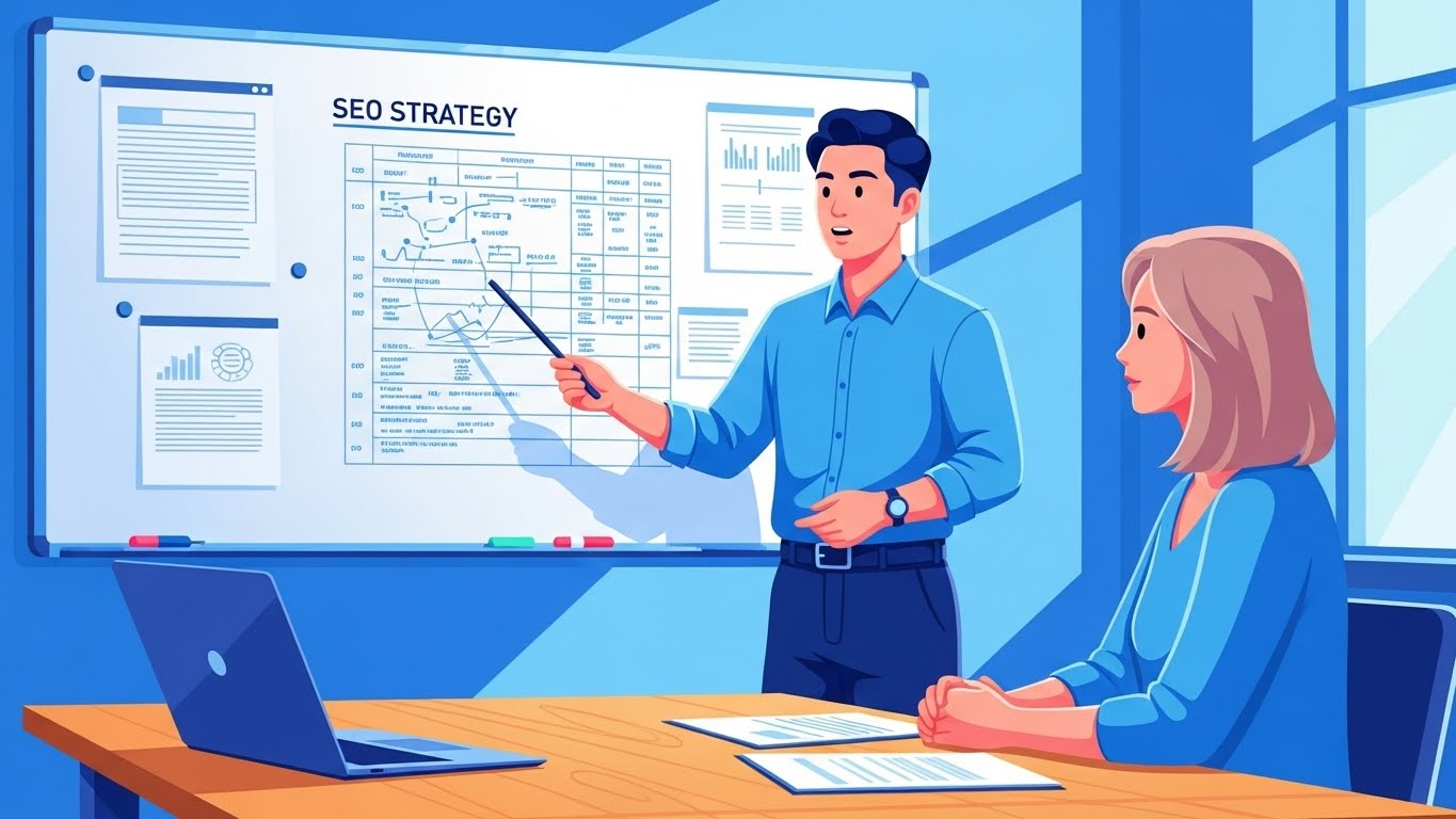 A 2D illustration representing a Filipino SEO specialist explaining the SEO strategy to be followed by the client's website, used in an article written by John Berlin Leonor of RuralNative.